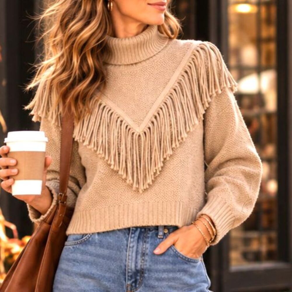 Grace Karma Fringe Turtleneck Sweater Oatmeal Beige Knit Western Boho Crop M